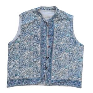 ORVIS Reversible Paisley Vest Women XL Blue Floral Button Front Boho Cottagecore